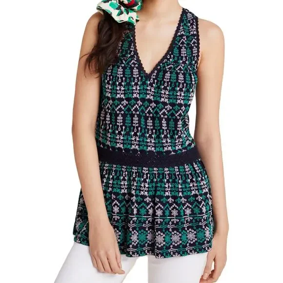NWOT MAEVE Anthropologie Top XS”Cammie”Embroidery Lace-Crochet V Flare Flounce - Picture 1 of 5